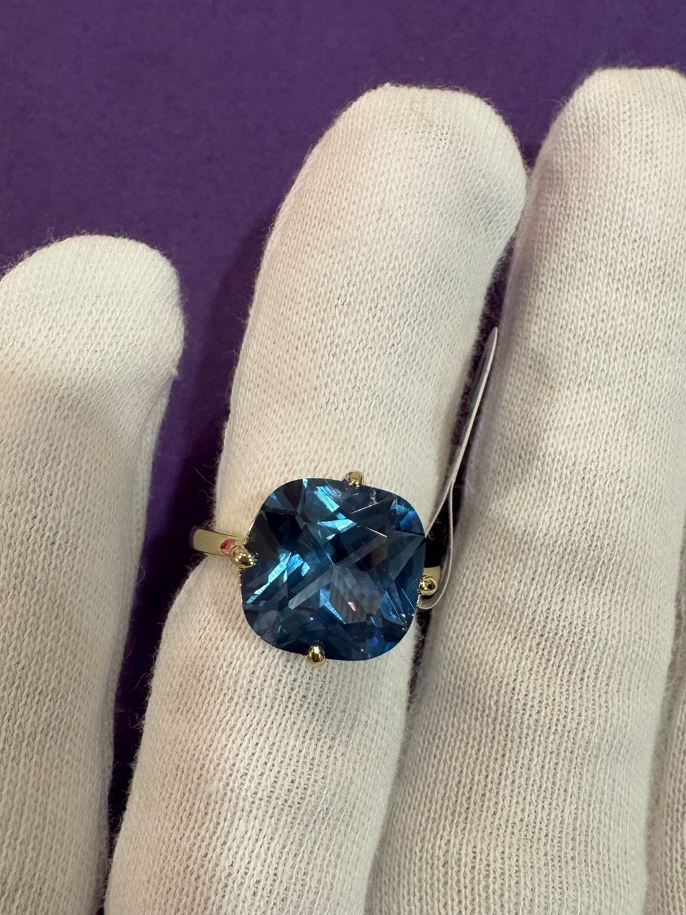 Simulated Blue Topaz Cushion Cut Solitaire Ring in Gold- 6